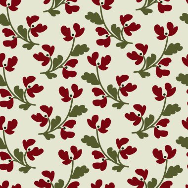 Seamless pattern featuring stylized red flowers with green leaves in folk art style.Traditional botanical motif on soft light background. Ideal for boho decor and romantic prints.Vector illustration