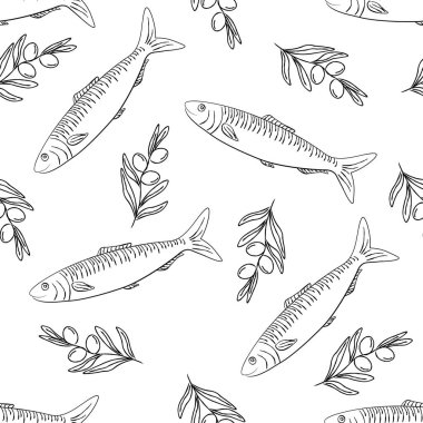 Seamless pattern with sardine and branches olive. Ideal for seafood packaging, kitchen textiles, restaurant branding, wrapping paper, or retro nautical-themed designs. Vector illustration