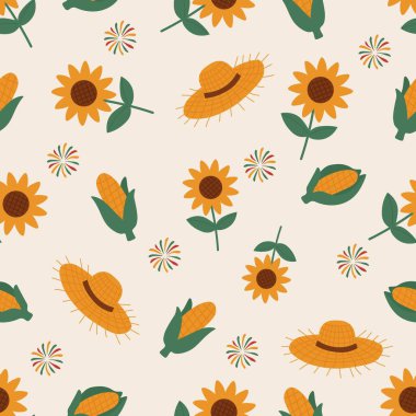 Seamless pattern with sunflowers, corn cobs, straw hats and festive fireworks. A cheerful rural-themed design for autumn festivals, harvest celebrations or farm-style packaging. Vector illustration
