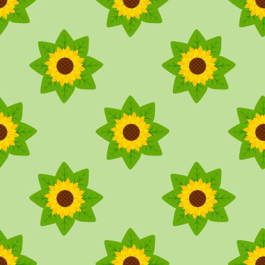 Seamless sunflower pattern with green leaves on green background.  Perfect for summer textiles, wrapping paper, wallpapers, and nature-themed designs. Vector illustration