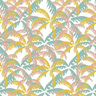 Seamless tropical pattern with palm trees on white background. Ideal for summer apparel, beach decor, travel branding, packaging, and web backgrounds. Vector illustration