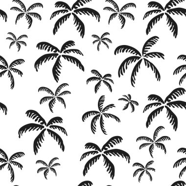Seamless tropical pattern with black palm trees on white background. Ideal for summer apparel, beach decor, travel branding, packaging, and web backgrounds. Vector illustration