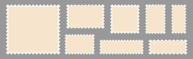 Set of postcard stamps template. Mockup postage stamps. Jagged wavy edge forms. Vector illustration