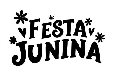 Elegant handwritten black lettering of Festa Junina. Simple and modern script typography for Brazilian June festival designs, posters, cards, invitations, and decorations.Vector illustration