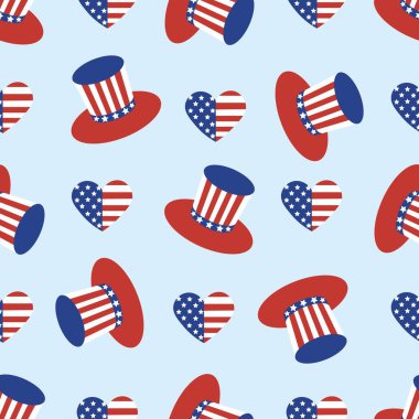 Patriotic seamless pattern with uncle Sam hats and American hearts.  Perfect for U.S. patriotic designs, fabric prints, and festive backgrounds. Vector illustration