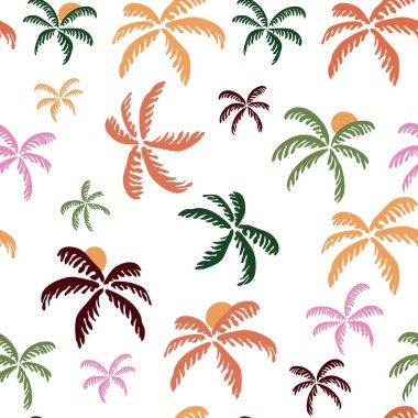 Seamless tropical pattern with palm trees and sun on white background. Ideal for summer apparel, beach decor, travel branding, packaging, and web backgrounds. Vector illustration