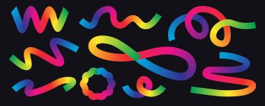 Set of colorful abstract ribbon elements with gradient transitions in rainbow hues in black background.Curved and twisted shapes ideal for festive designs, digital artwork and modern compositions.Vector illustration