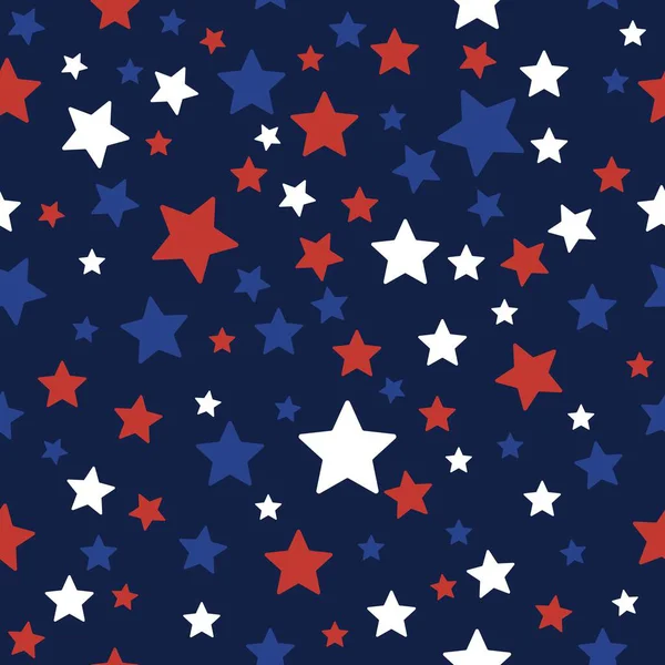 Seamless pattern with red, white and blue stars on a dark background. Ideal for American designs Independence Day, Veteran Day, wrapping paper, patriotic textiles and backdrops. Vector illustration