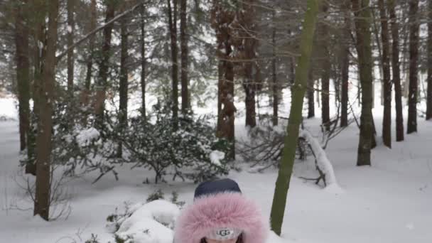 Dziewczyna Rzuca Śnieg Las — Wideo stockowe