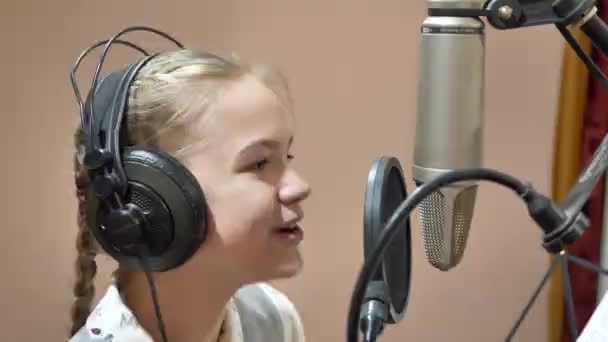 Girl Sings Studio Record Song Aspiring Singer Works Recording Studio — Stock Video