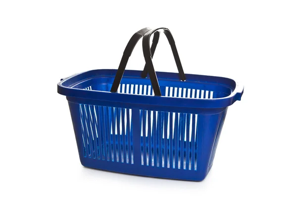 Carrinho de compras azul vazio em um fundo branco — Fotografia de Stock