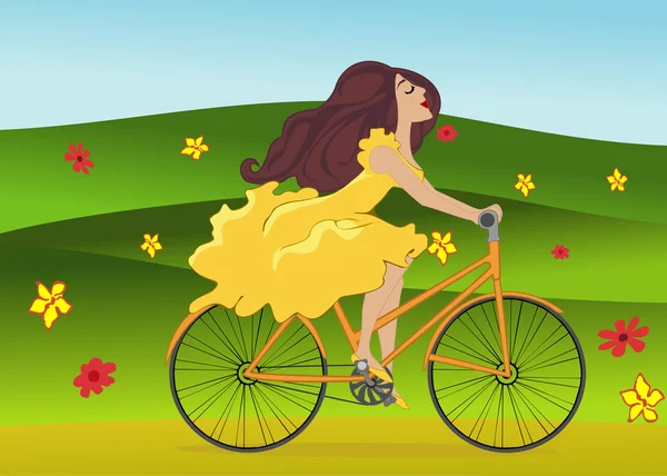 Holka jede na kole na kvetoucí jarní pole — Stockový vektor