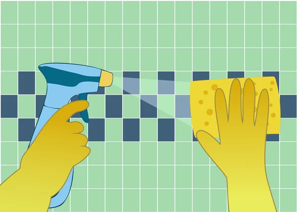 Ręce w rękawice żółty z spray i gąbka umyć płytki ścienne — Wektor stockowy