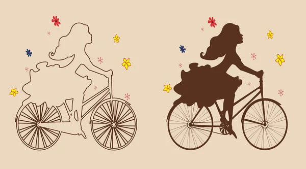 Siluetas chicas en bicicleta — Vector de stock