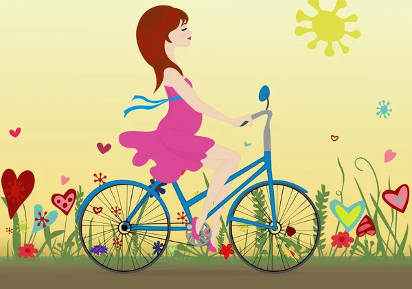 Těhotná dívka jede na kole na kvetoucí pole — Stockový vektor
