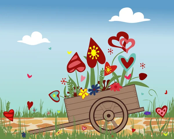 Carrito con corazones florecientes en el fondo del cielo — Archivo Imágenes Vectoriales