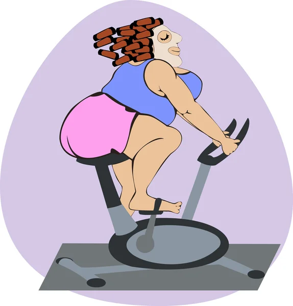Fat girl in cosmetic mask and hair rollers on a stationary bike — Stock Vector
