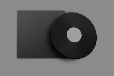 Kapaklı boş plak plağı. Gri bir arka planda izole edilmiş gibi yap. 3d oluşturma.