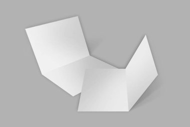 Gerçekçi çift katlı broşür veya davetiye ve tebrik kartı Gri arka planda izole edilmiş. Yarı katlanmış A4, A5. 3d oluşturma