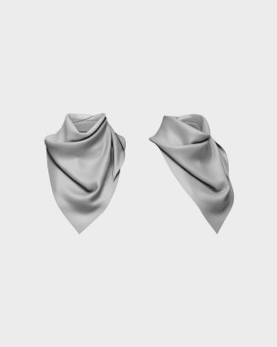 Örülmüş ipek şal eşarbı arka planda izole edilmiş. Ön ve yan görünüm ile alay et. Düğüme bağlanmış şık bir atkı. 3d görüntüleme. Dikey portre yönelimi.