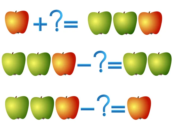 Action relationship of addition and subtraction, examples with apples. — Stock Vector