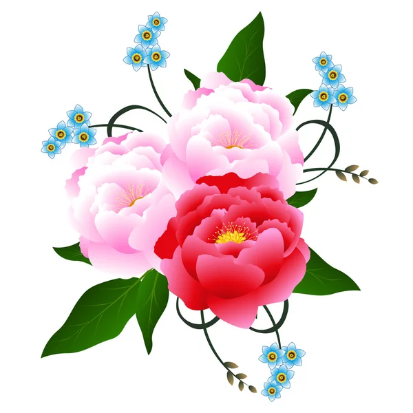牡丹与蓝色花朵的花束. — 图库矢量图片