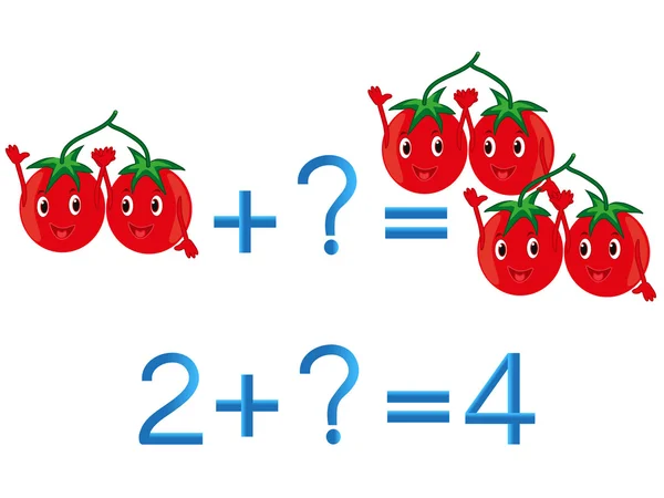 Jogos educativos para crianças, adição matemática, exemplo com tomates . — Vetor de Stock