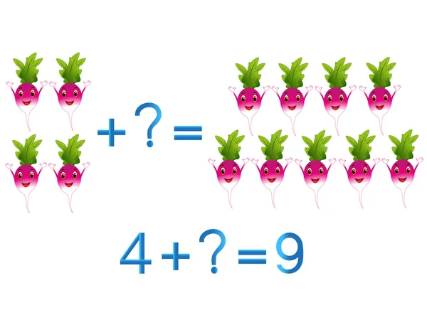 Educational games for children, mathematical addition, example with radishes. — 스톡 벡터
