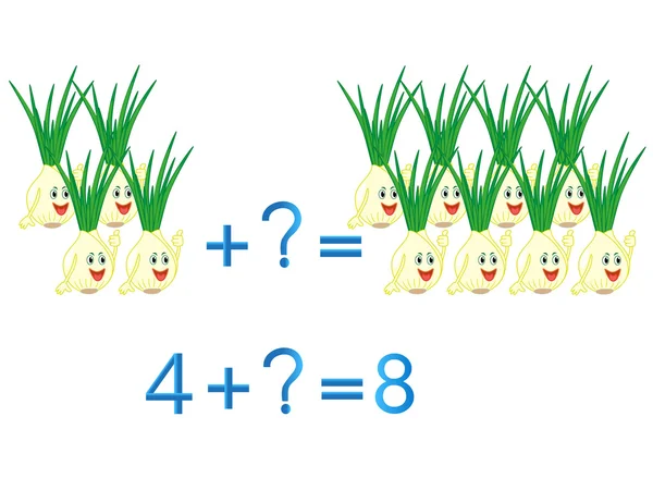 Educational games for children, mathematical addition, example with onions. — Stock vektor