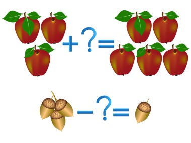 Çocuklar için eğitici oyun, matematiksel ekleme ve çıkarma illüstrasyon.