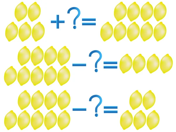 Rapporto di azione di addizione e sottrazione, esempi con limoni . — Vettoriale Stock