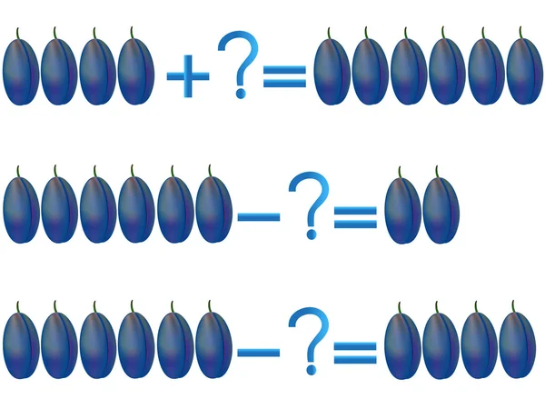 Action relation d'addition et de soustraction, exemples avec prunes . — Image vectorielle