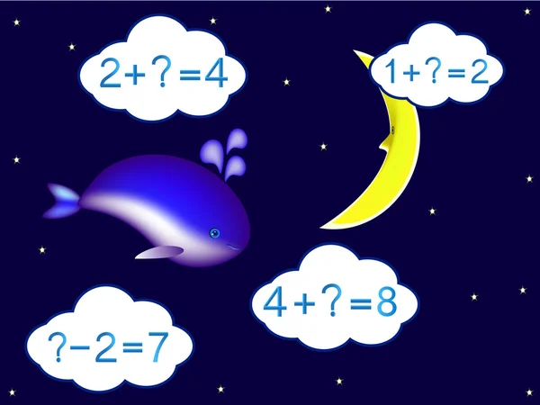 Lernspiele für Kinder, zur Berechnung, Beispiele in den Wolken. — Stockvektor