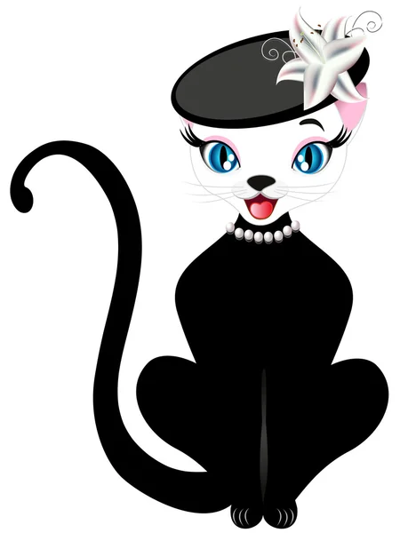 Cat in the hat and pearl necklace. — Stock Vector