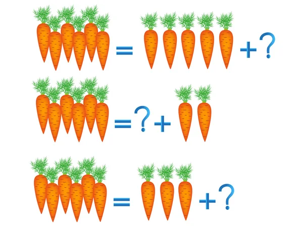 Educatieve spelletjes voor kinderen, over de samenstelling van de zes, voorbeeld met wortelen. — Stockvector