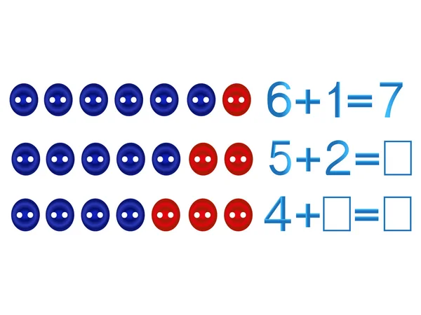 Educatieve spelletjes voor kinderen, over de samenstelling van de zeven, voorbeeld met knoppen. — Stockvector