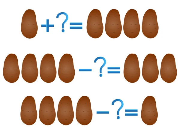 Action relationship of addition and subtraction, examples with potato. — Stock Vector