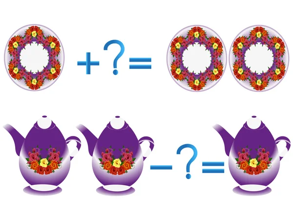 Gioco educativo per bambini, illustrazione di addizioni e sottrazioni matematiche, esempi con piastre e teiere . — Vettoriale Stock