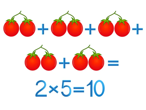 Juegos educativos para niños, acción de multiplicación, ejemplo con tomates . — Vector de stock