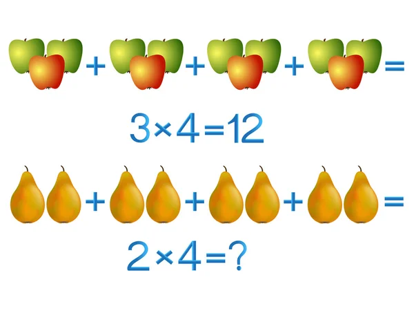 Lernspiele für Kinder, Multiplikationsaktion, Beispiel mit Früchten. — Stockvektor