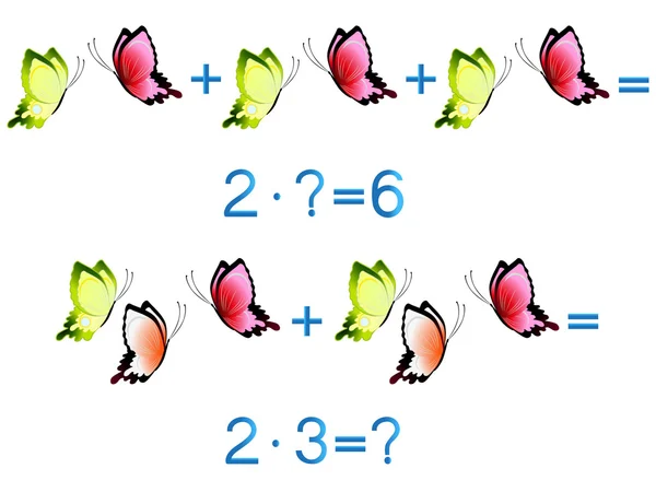 Juegos educativos para niños, acción de multiplicación, ejemplo con mariposas . — Vector de stock