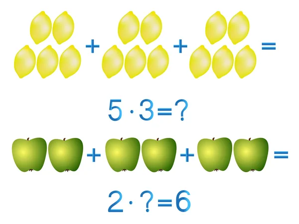 Juegos educativos para niños, acción de multiplicación, ejemplo con limones y manzanas . — Vector de stock