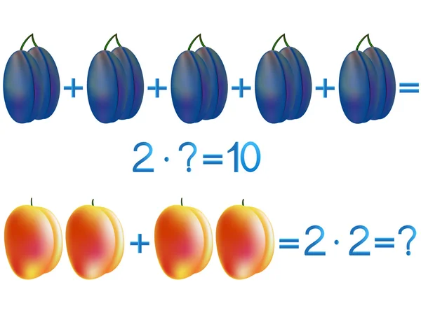 Jeux éducatifs pour les enfants, action de multiplication, exemple avec des prunes et des pêches . — Image vectorielle