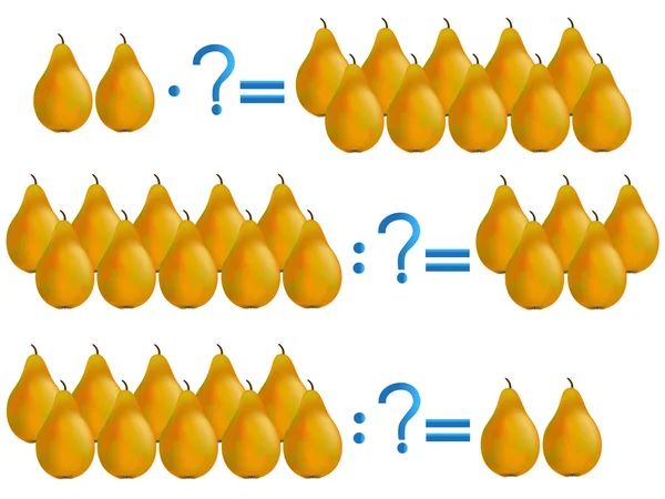 Relación de acción de división y multiplicación, ejemplos con peras . — Vector de stock