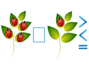 Çocuklar için eğitici bir oyun ladybugs yapraklarda sayısı karşılaştırılması.