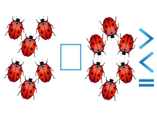 Juego educativo para niños, comparación del número de mariquitas . — Vector de stock