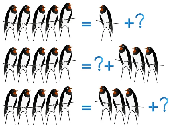 Jeux éducatifs pour les enfants, sur la composition des cinq, exemple avec des hirondelles . — Image vectorielle