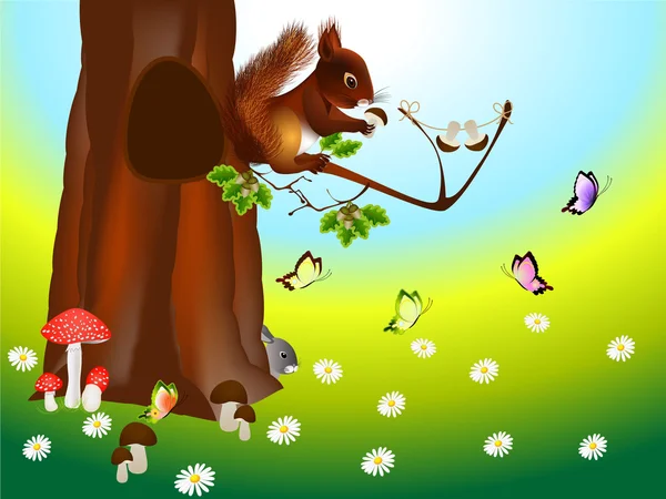 Glade na floresta com animais e plantas de desenhos animados . — Vetor de Stock