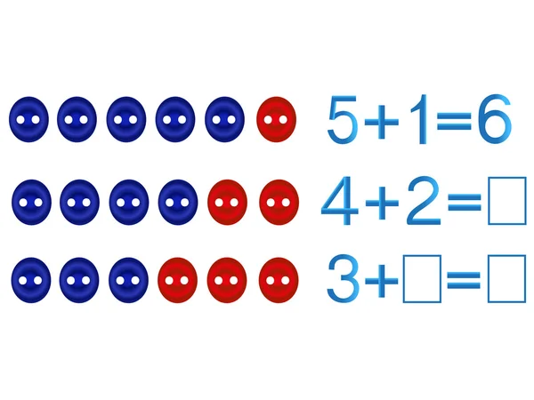 Educatieve spelletjes voor kinderen, over de samenstelling van de zes, voorbeeld met knoppen. — Stockvector