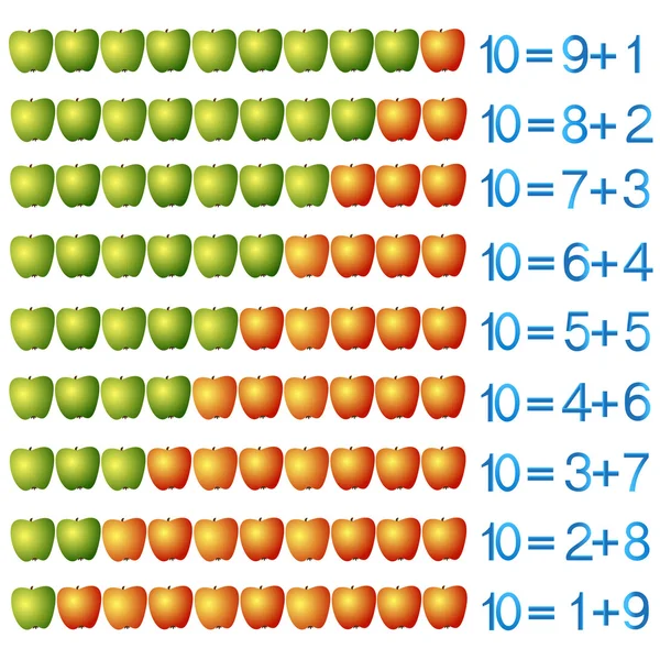 Jogos educativos para crianças, sobre a composição dos dez, exemplos com maçãs . — Vetor de Stock